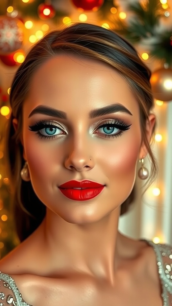 Festive Christmas Makeup Looks A glamorous Christmas makeup look with red lips and gold eyeshadow, set against a festive background.
